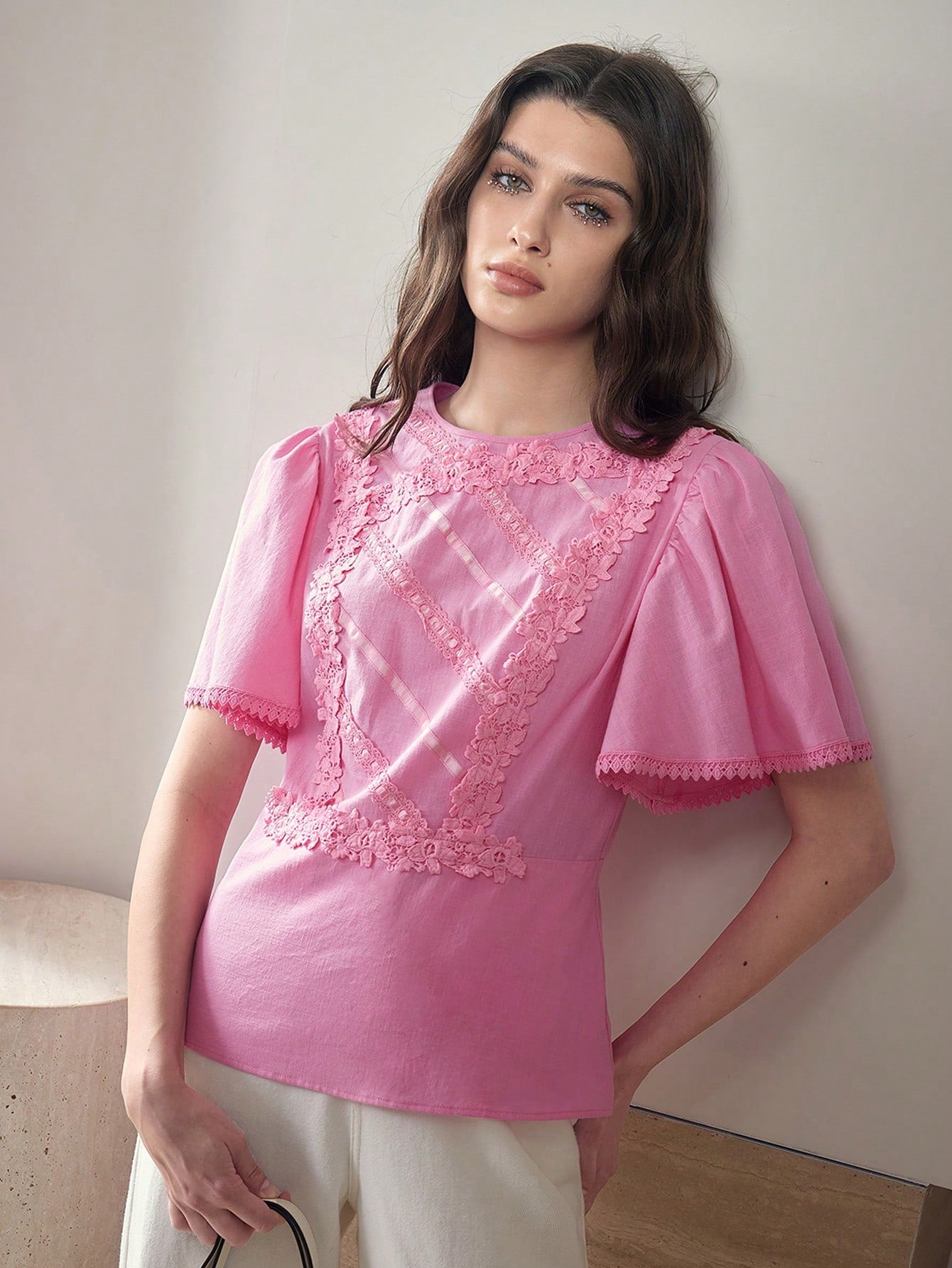 CM-TS562353 Women Casual Seoul Style Contrast Lace Round Neck Batwing Sleeve Zipper Blouse - Pink