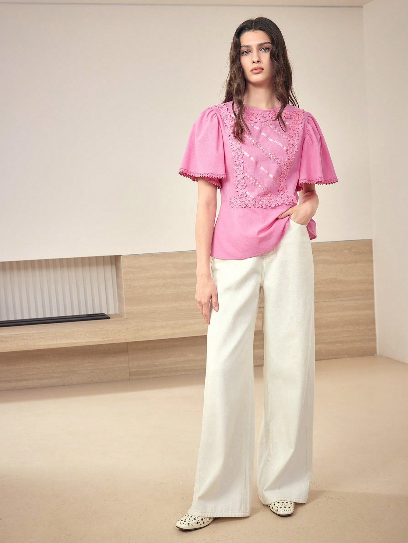 CM-TS562353 Women Casual Seoul Style Contrast Lace Round Neck Batwing Sleeve Zipper Blouse - Pink