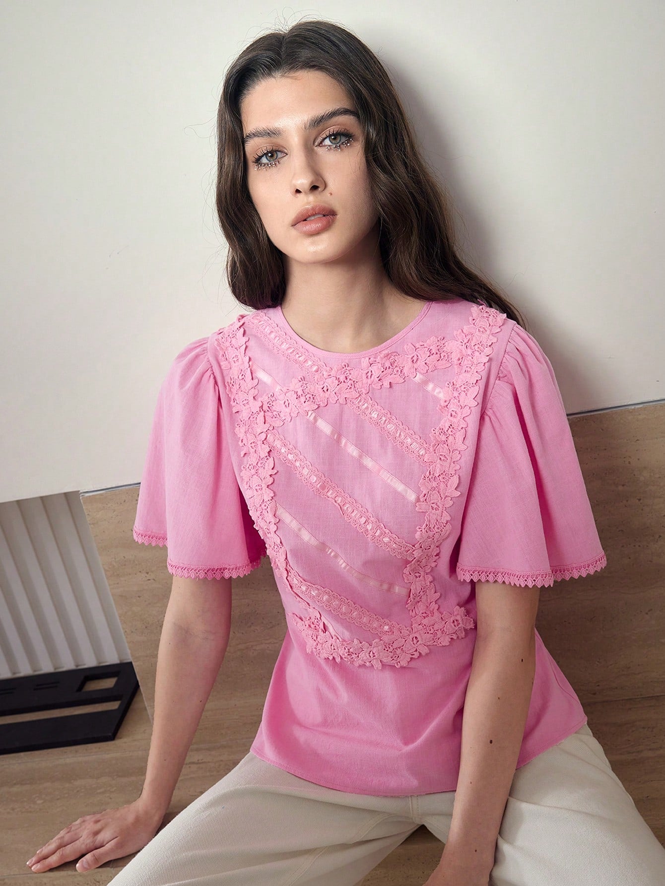CM-TS562353 Women Casual Seoul Style Contrast Lace Round Neck Batwing Sleeve Zipper Blouse - Pink