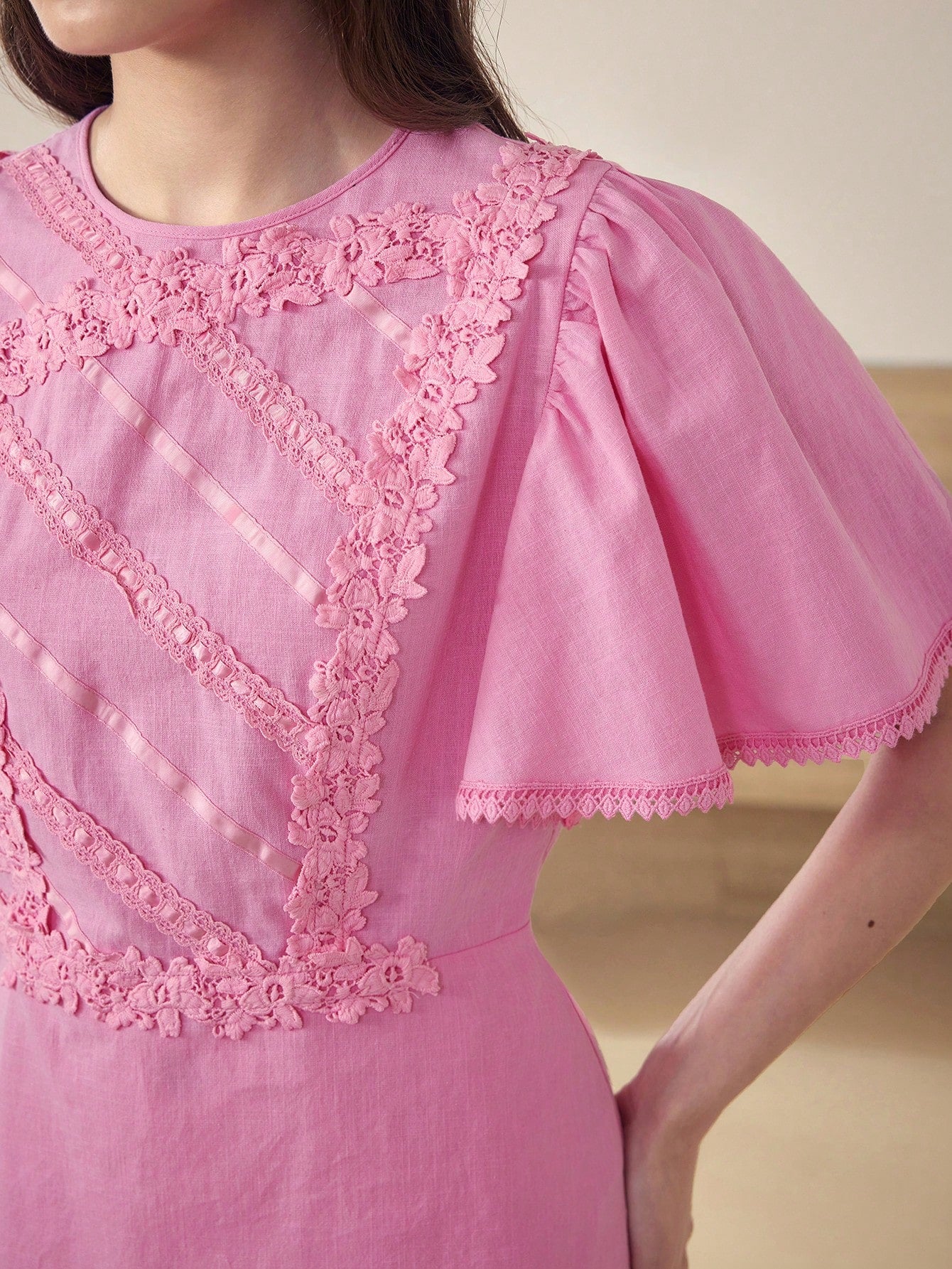 CM-TS562353 Women Casual Seoul Style Contrast Lace Round Neck Batwing Sleeve Zipper Blouse - Pink