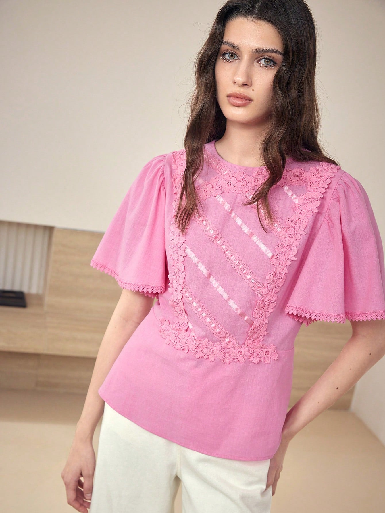 CM-TS562353 Women Casual Seoul Style Contrast Lace Round Neck Batwing Sleeve Zipper Blouse - Pink