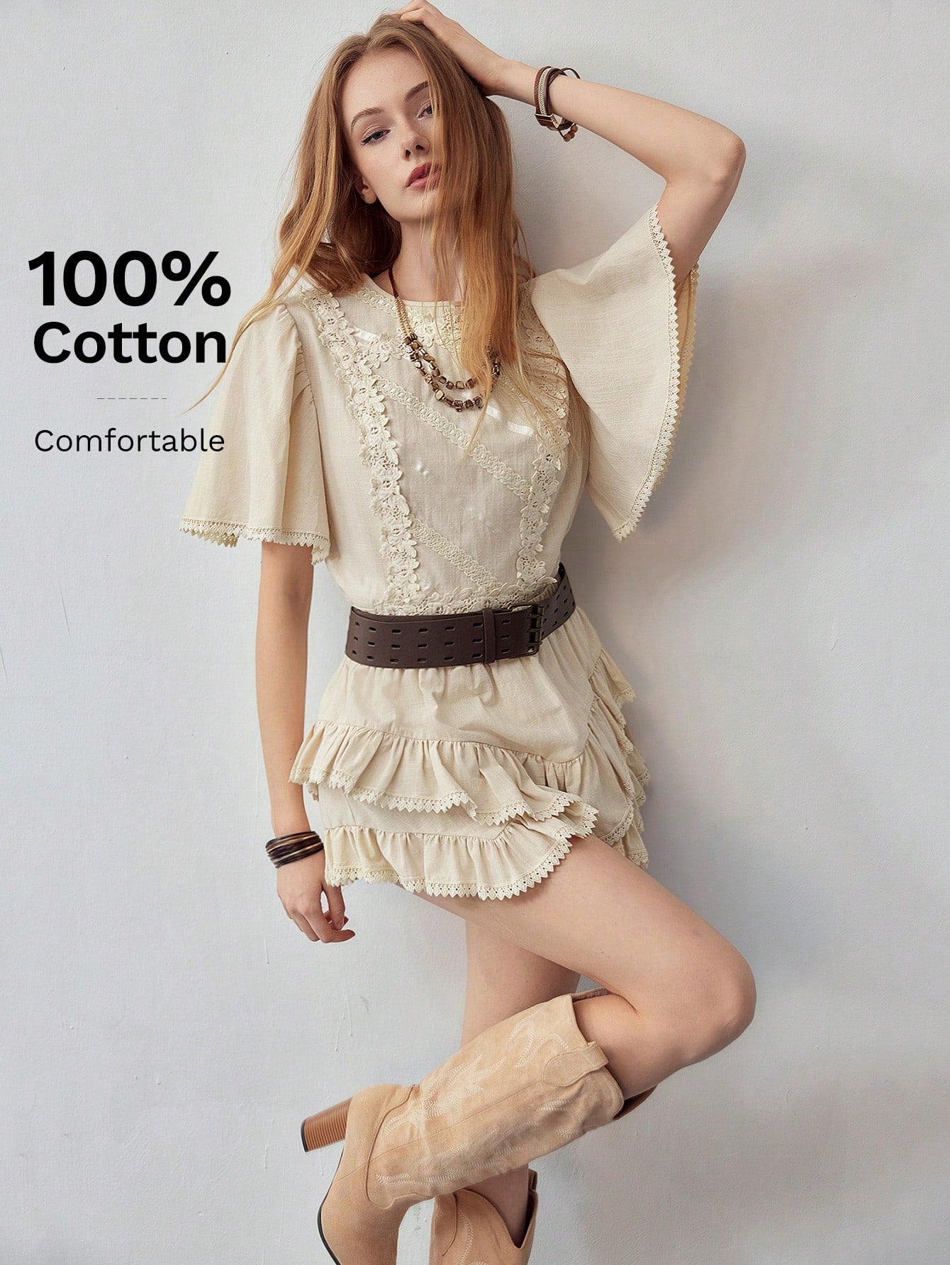 CM-TS509245 Women Casual Seoul Style Contrast Lace Round Neck Batwing Sleeve Zipper Blouse - Apricot