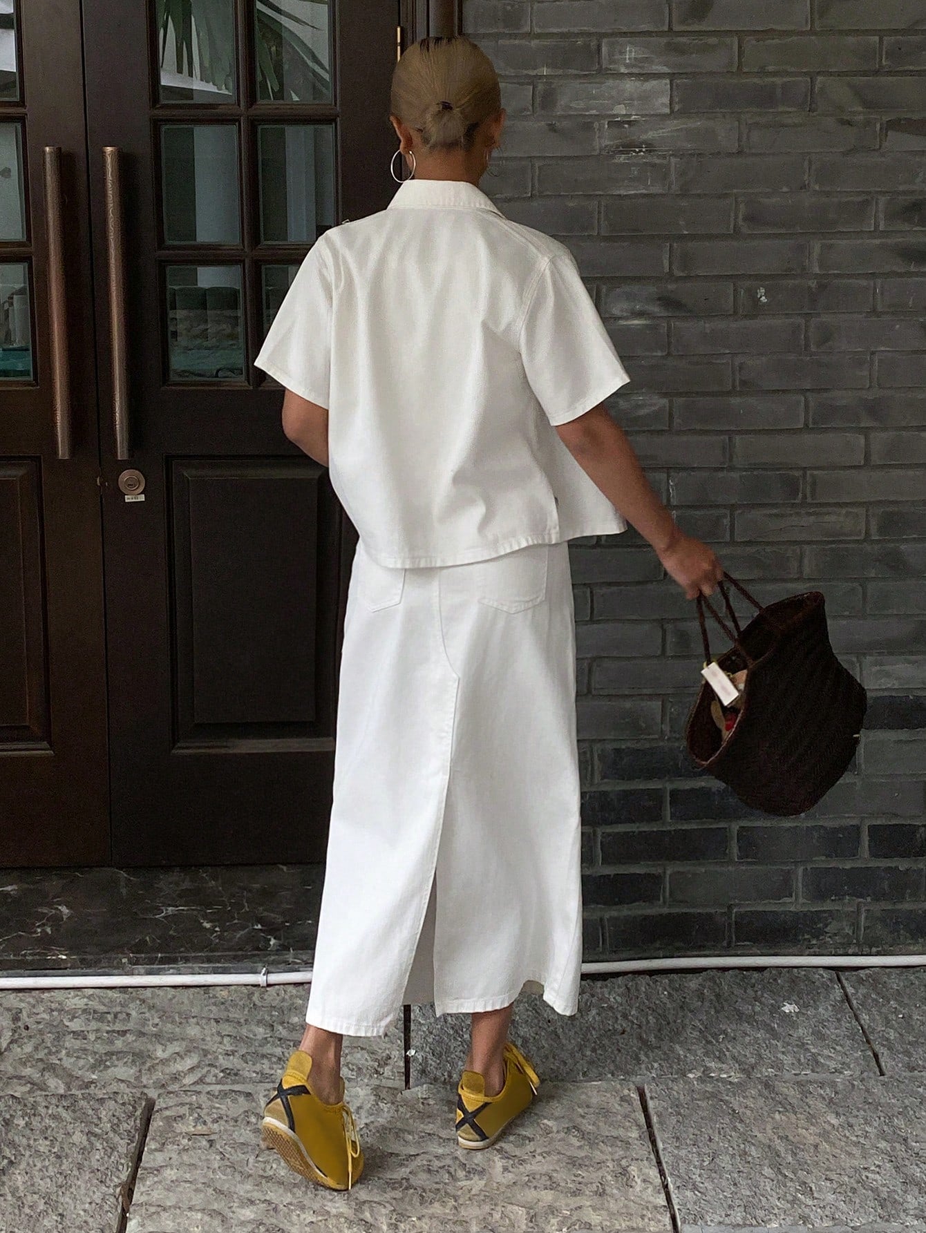 CM-SS188448 Women Casual Seoul Style Solid Color Short Sleeve Shirt With Denim Skirt - Set