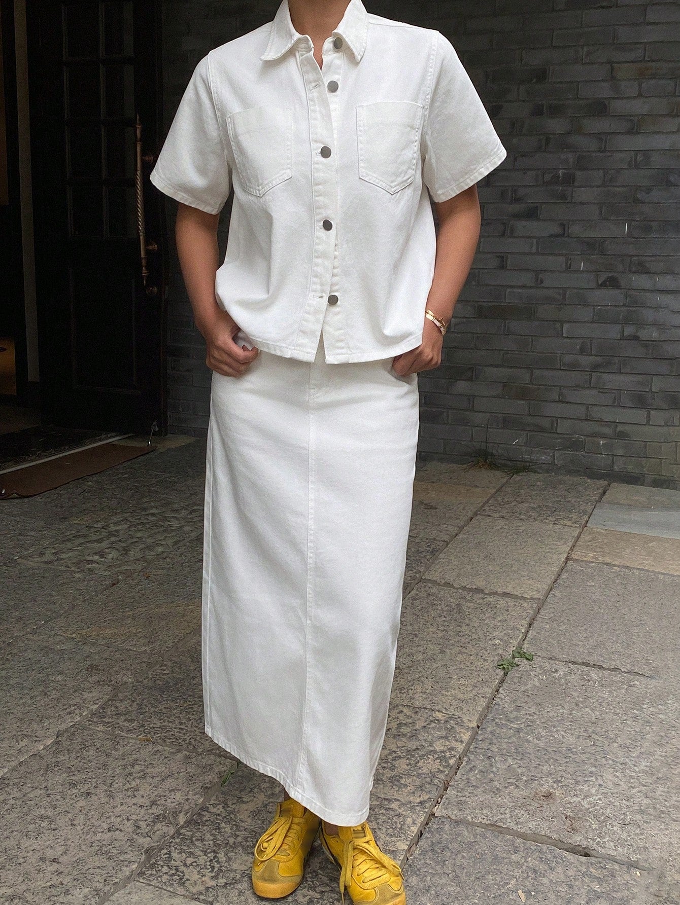 CM-SS188448 Women Casual Seoul Style Solid Color Short Sleeve Shirt With Denim Skirt - Set