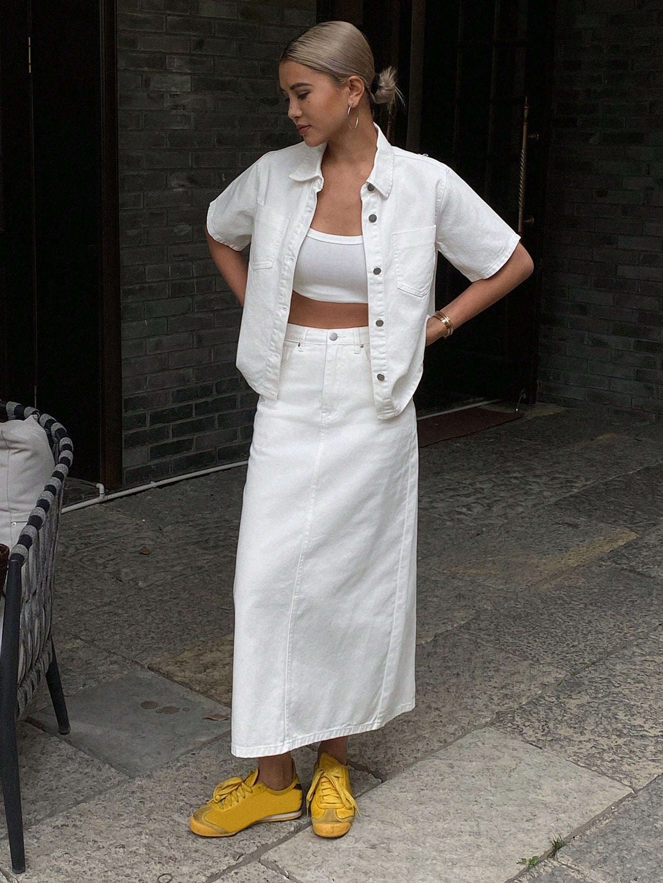 CM-SS188448 Women Casual Seoul Style Solid Color Short Sleeve Shirt With Denim Skirt - Set