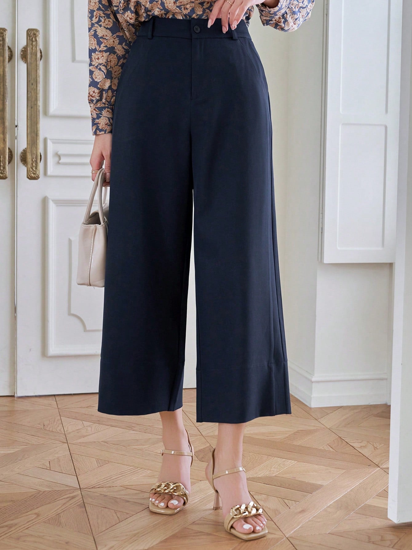 CM-BS707077 Women Casual Seoul Style Solid Color Straight-Leg Ankle Length Pants - Navy Blue