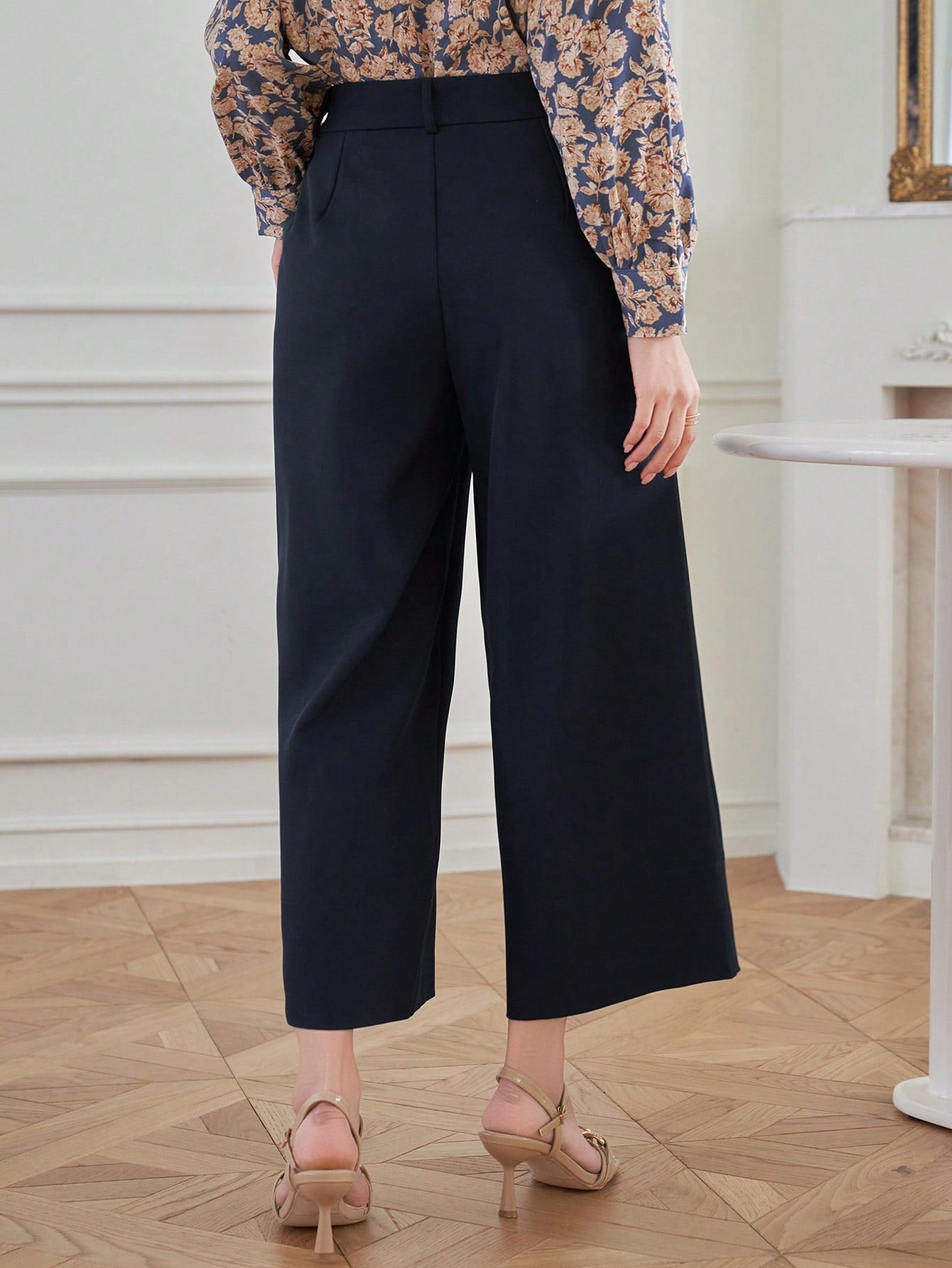 CM-BS707077 Women Casual Seoul Style Solid Color Straight-Leg Ankle Length Pants - Navy Blue