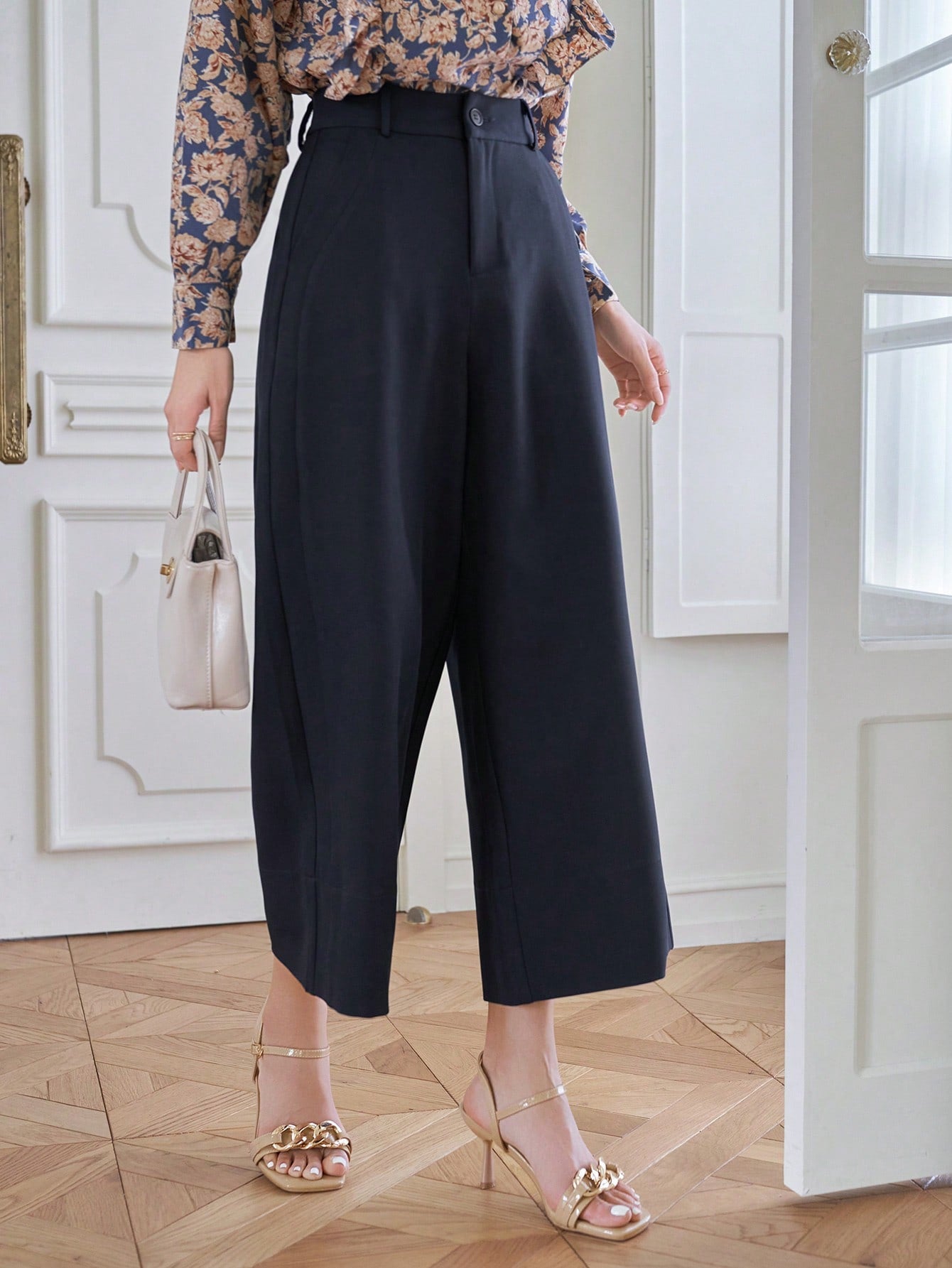 CM-BS707077 Women Casual Seoul Style Solid Color Straight-Leg Ankle Length Pants - Navy Blue