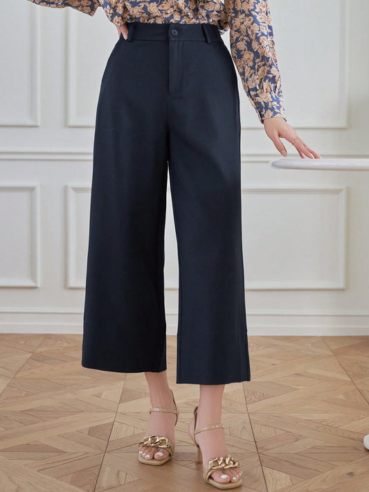 CM-BS707077 Women Casual Seoul Style Solid Color Straight-Leg Ankle Length Pants - Navy Blue
