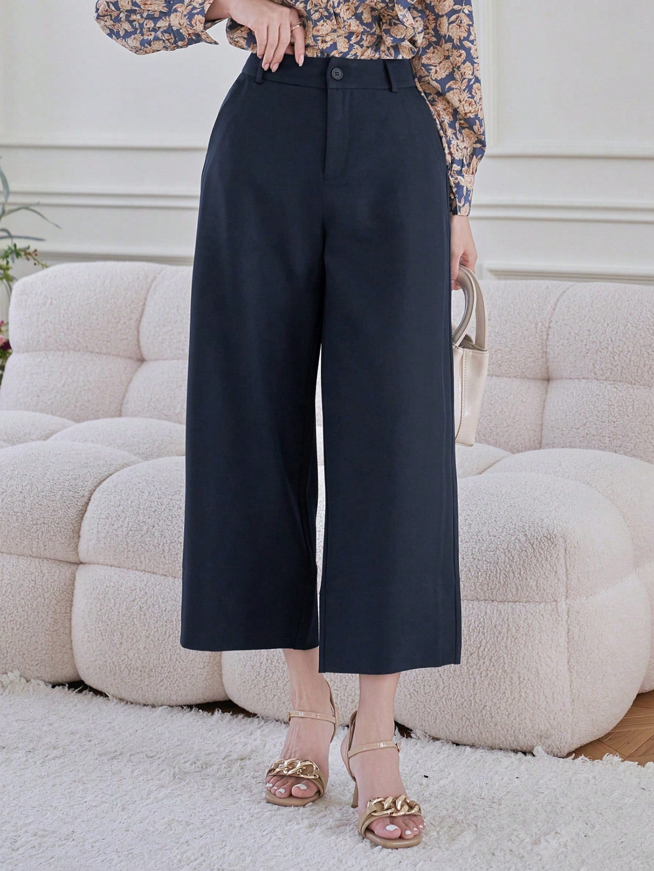 CM-BS707077 Women Casual Seoul Style Solid Color Straight-Leg Ankle Length Pants - Navy Blue