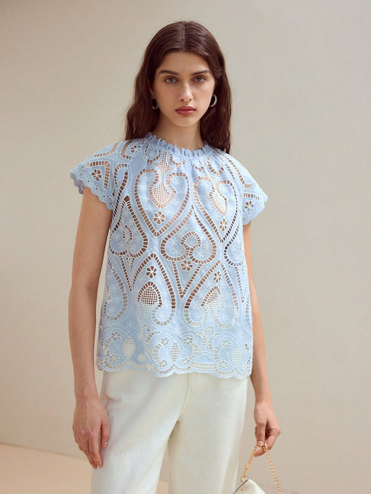 CM-TS701842 Women Elegant Seoul Style Round Neck Cap Sleeve Lace Sheer Blouse - Blue