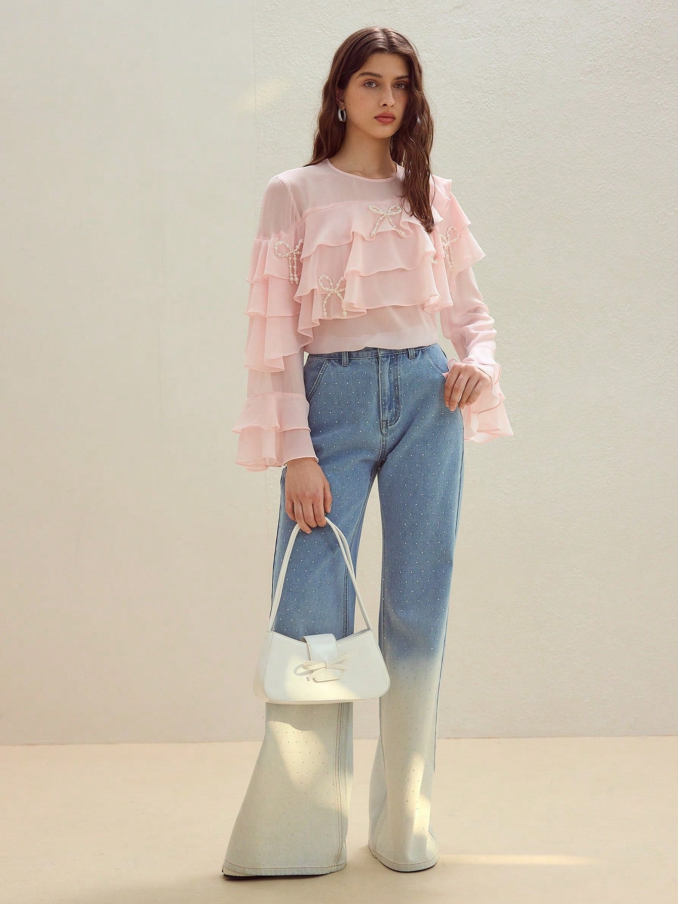 CM-TS449546 Women Elegant Seoul Style Faux Pearl Bow Decor Long Sleeve Ruffle Trim Blouse - Baby Pink