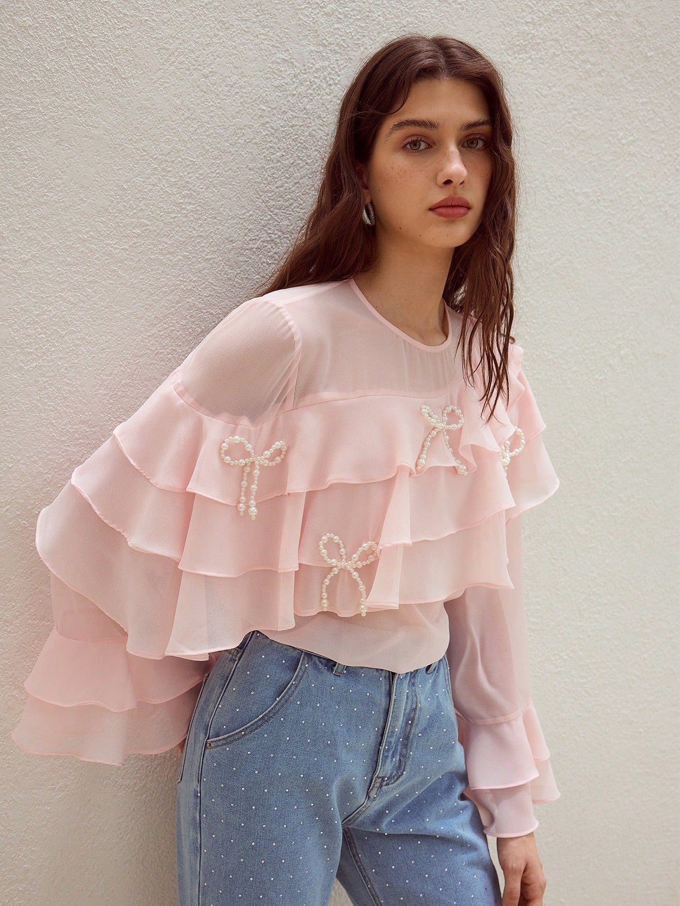 CM-TS449546 Women Elegant Seoul Style Faux Pearl Bow Decor Long Sleeve Ruffle Trim Blouse - Baby Pink