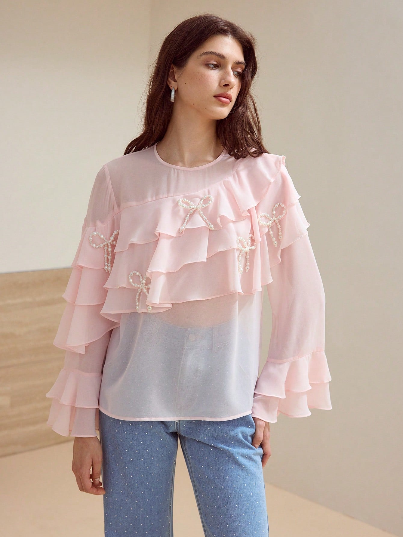CM-TS449546 Women Elegant Seoul Style Faux Pearl Bow Decor Long Sleeve Ruffle Trim Blouse - Baby Pink