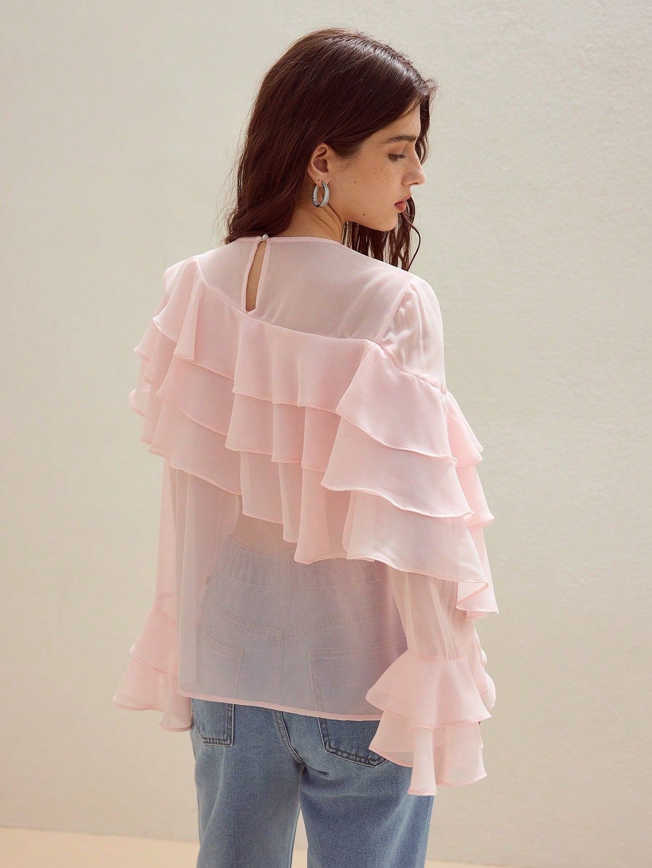 CM-TS449546 Women Elegant Seoul Style Faux Pearl Bow Decor Long Sleeve Ruffle Trim Blouse - Baby Pink