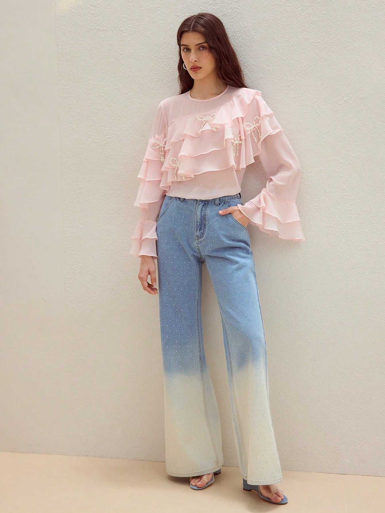 CM-TS449546 Women Elegant Seoul Style Faux Pearl Bow Decor Long Sleeve Ruffle Trim Blouse - Baby Pink