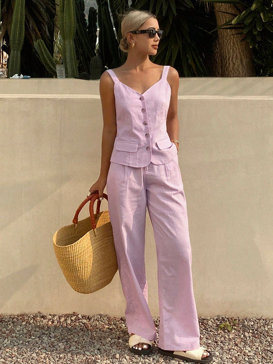 CM-SS093988 Women Trendy Bohemian Style Sleeveless Tank Top With Wide Leg Pants -  Set