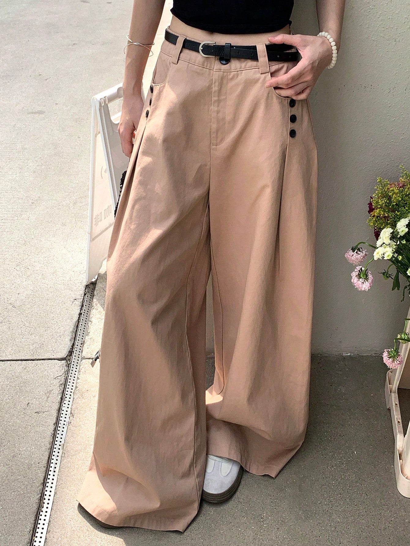 CM-BS542529 Women Casual Seoul Style Solid Color Pleated Wide Leg Pants