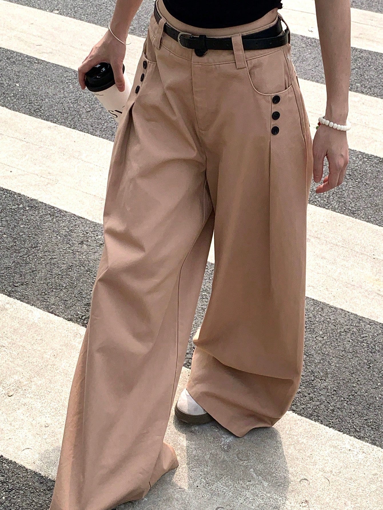 CM-BS542529 Women Casual Seoul Style Solid Color Pleated Wide Leg Pants