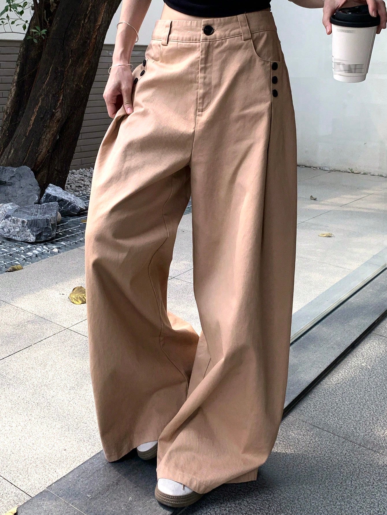 CM-BS542529 Women Casual Seoul Style Solid Color Pleated Wide Leg Pants