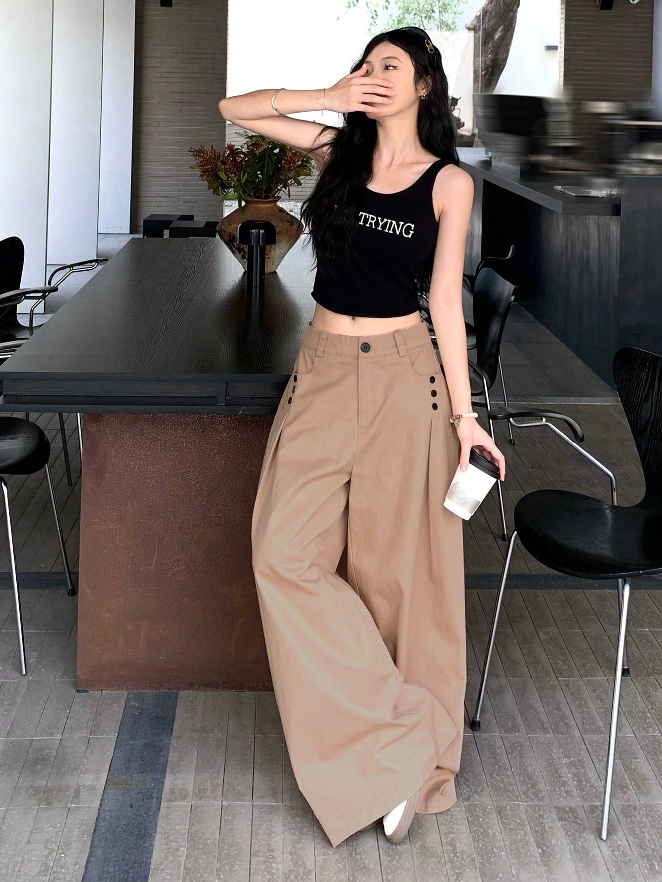 CM-BS542529 Women Casual Seoul Style Solid Color Pleated Wide Leg Pants