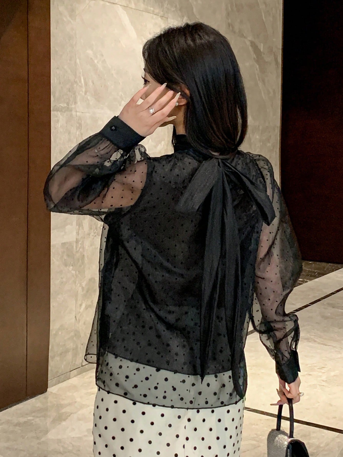 CM-TS922627 Women Elegant Seoul Style Polka Dot Mesh Patchwork Turtleneck Long Sleeve Blouse - Black