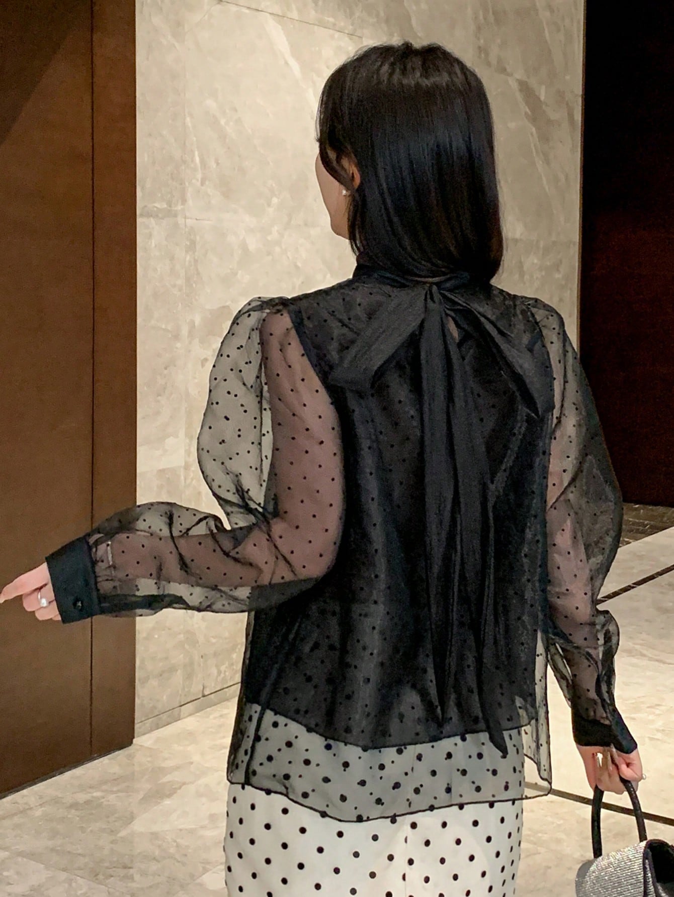 CM-TS922627 Women Elegant Seoul Style Polka Dot Mesh Patchwork Turtleneck Long Sleeve Blouse - Black