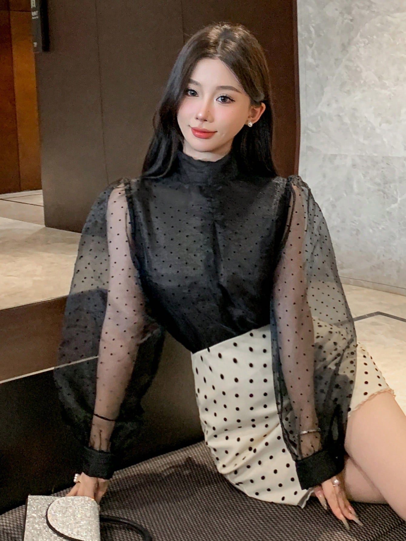 CM-TS922627 Women Elegant Seoul Style Polka Dot Mesh Patchwork Turtleneck Long Sleeve Blouse - Black