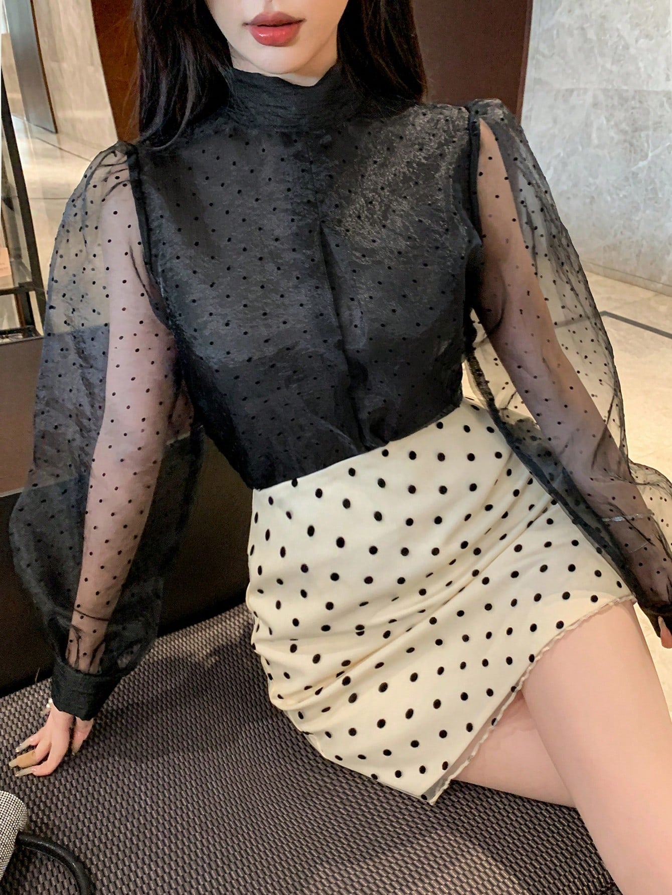 CM-TS922627 Women Elegant Seoul Style Polka Dot Mesh Patchwork Turtleneck Long Sleeve Blouse - Black