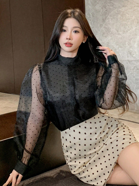 CM-TS922627 Women Elegant Seoul Style Polka Dot Mesh Patchwork Turtleneck Long Sleeve Blouse - Black