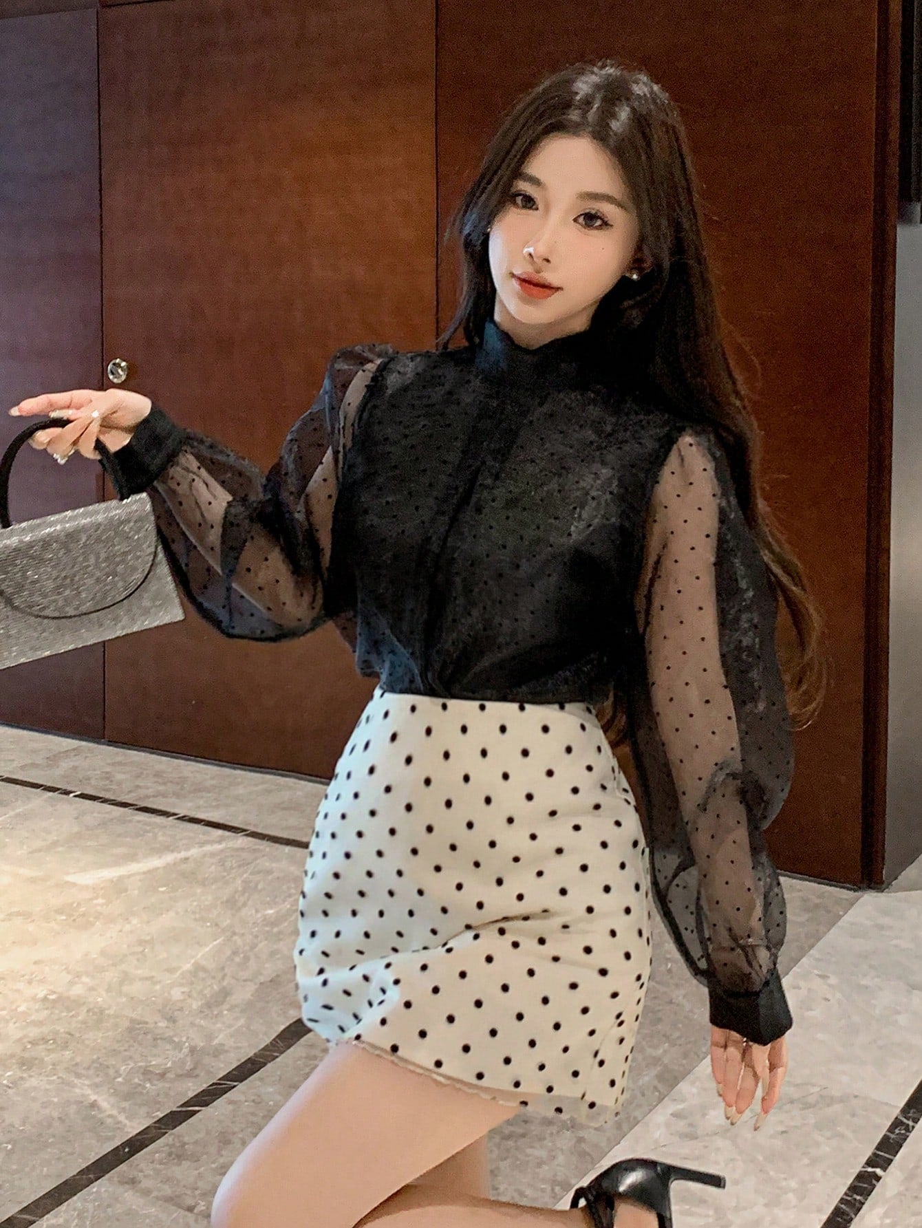 CM-TS922627 Women Elegant Seoul Style Polka Dot Mesh Patchwork Turtleneck Long Sleeve Blouse - Black