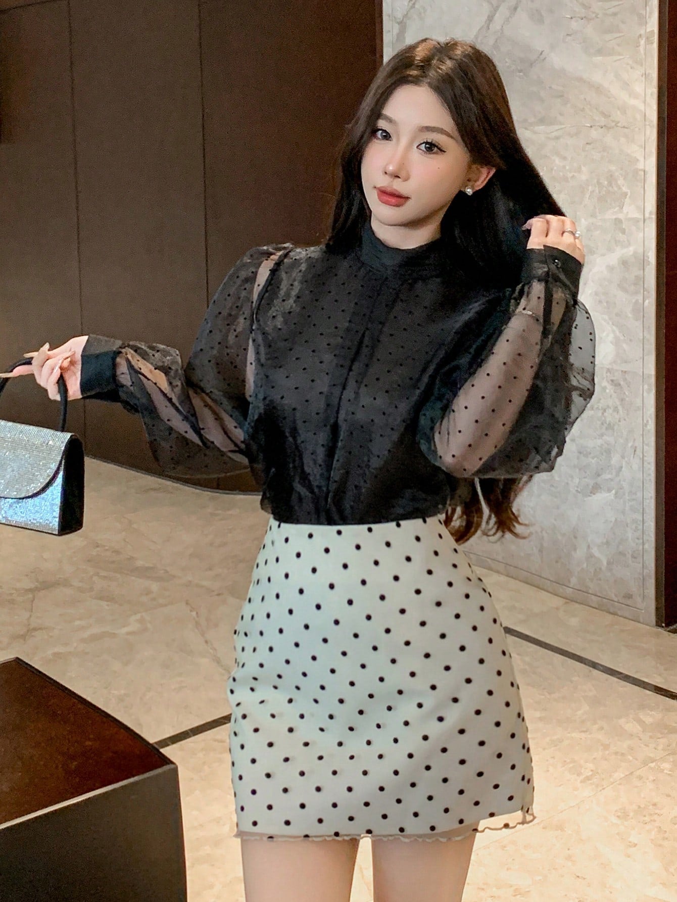 CM-TS922627 Women Elegant Seoul Style Polka Dot Mesh Patchwork Turtleneck Long Sleeve Blouse - Black
