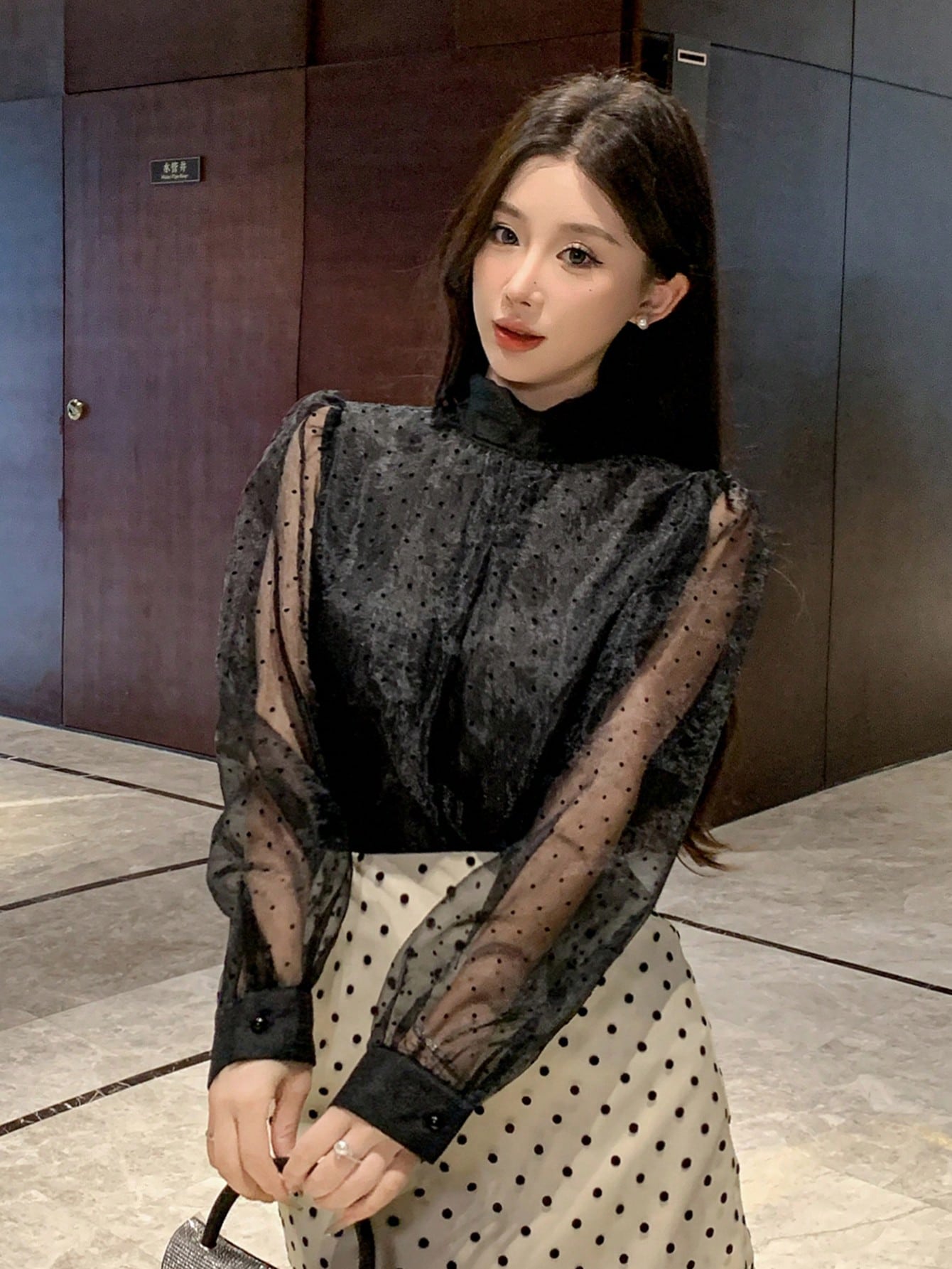 CM-TS922627 Women Elegant Seoul Style Polka Dot Mesh Patchwork Turtleneck Long Sleeve Blouse - Black