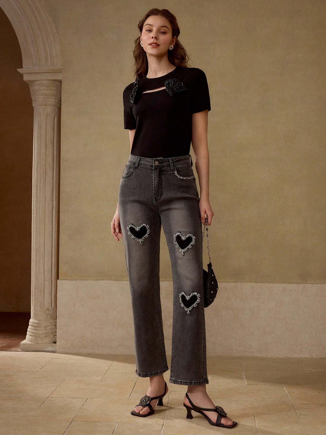 CM-BS504032 Women Casual Seoul Style Geometric Rhinestone Heart Detail Washed Skinny Jeans - Gray