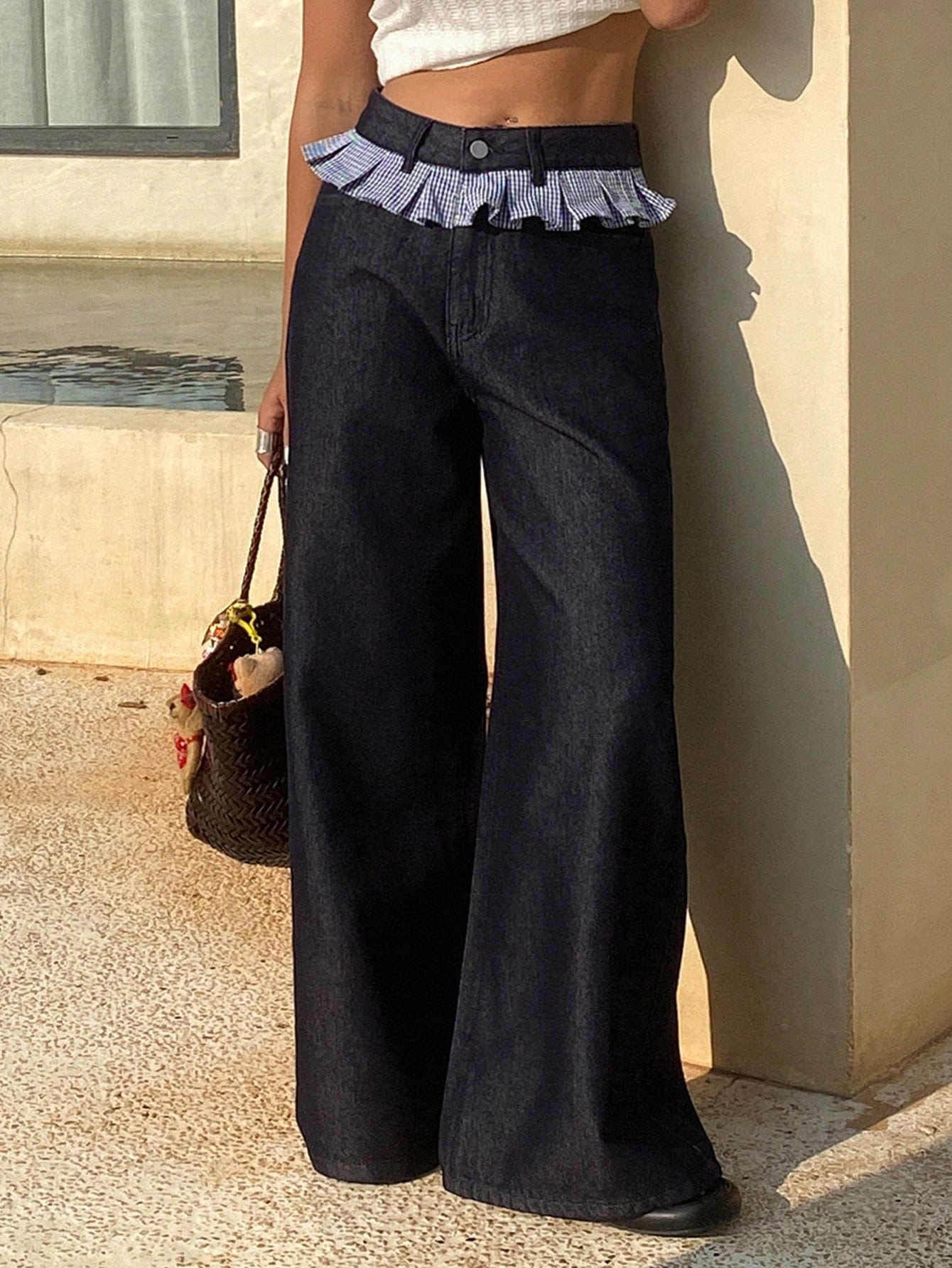 CM-BS692634 Women Casual Seoul Style Patchwork Plaid Fringe Wide Leg Pants - Blue