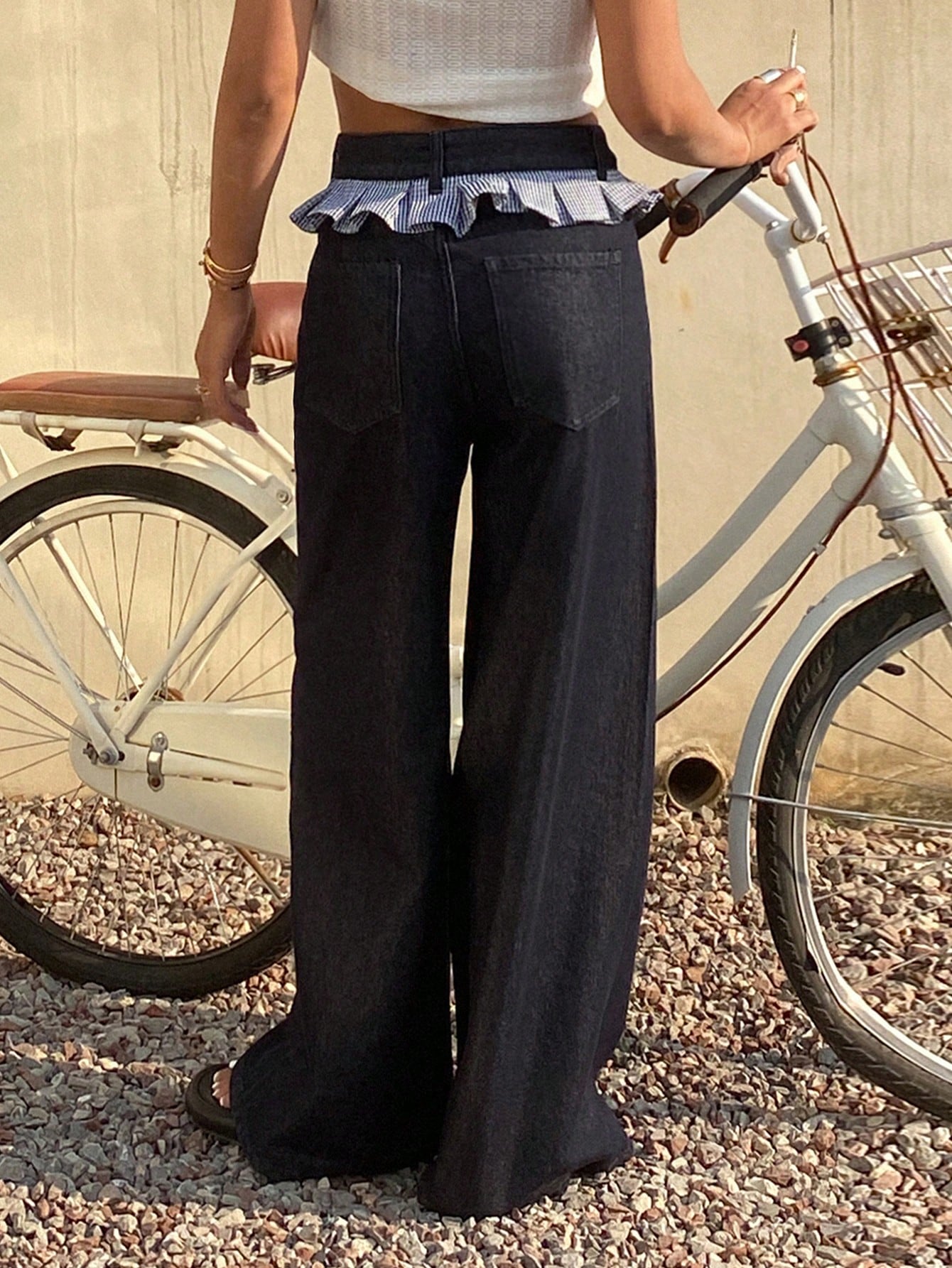 CM-BS692634 Women Casual Seoul Style Patchwork Plaid Fringe Wide Leg Pants - Blue