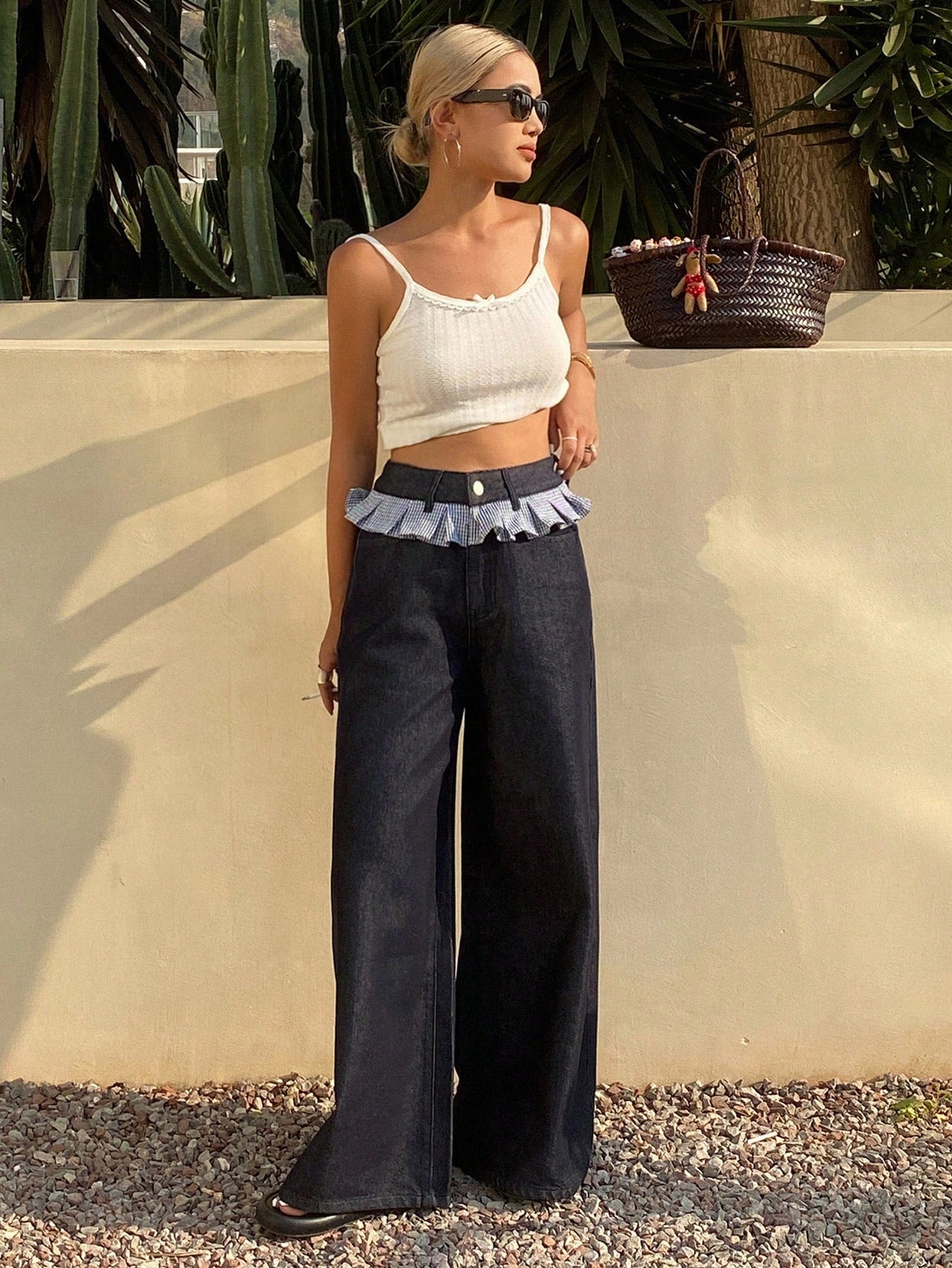 CM-BS692634 Women Casual Seoul Style Patchwork Plaid Fringe Wide Leg Pants - Blue
