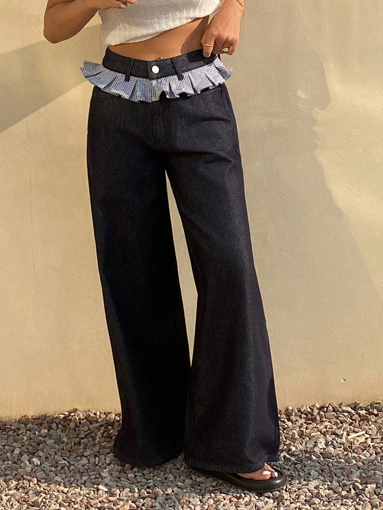 CM-BS692634 Women Casual Seoul Style Patchwork Plaid Fringe Wide Leg Pants - Blue