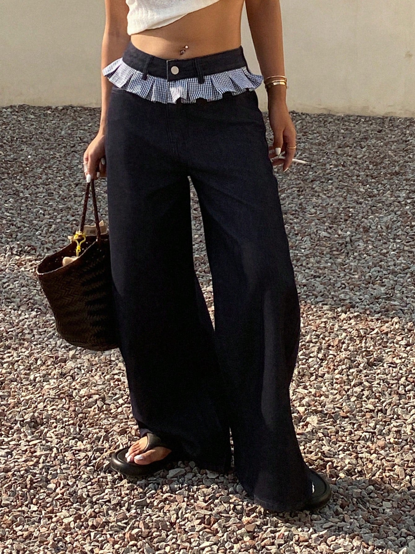 CM-BS692634 Women Casual Seoul Style Patchwork Plaid Fringe Wide Leg Pants - Blue