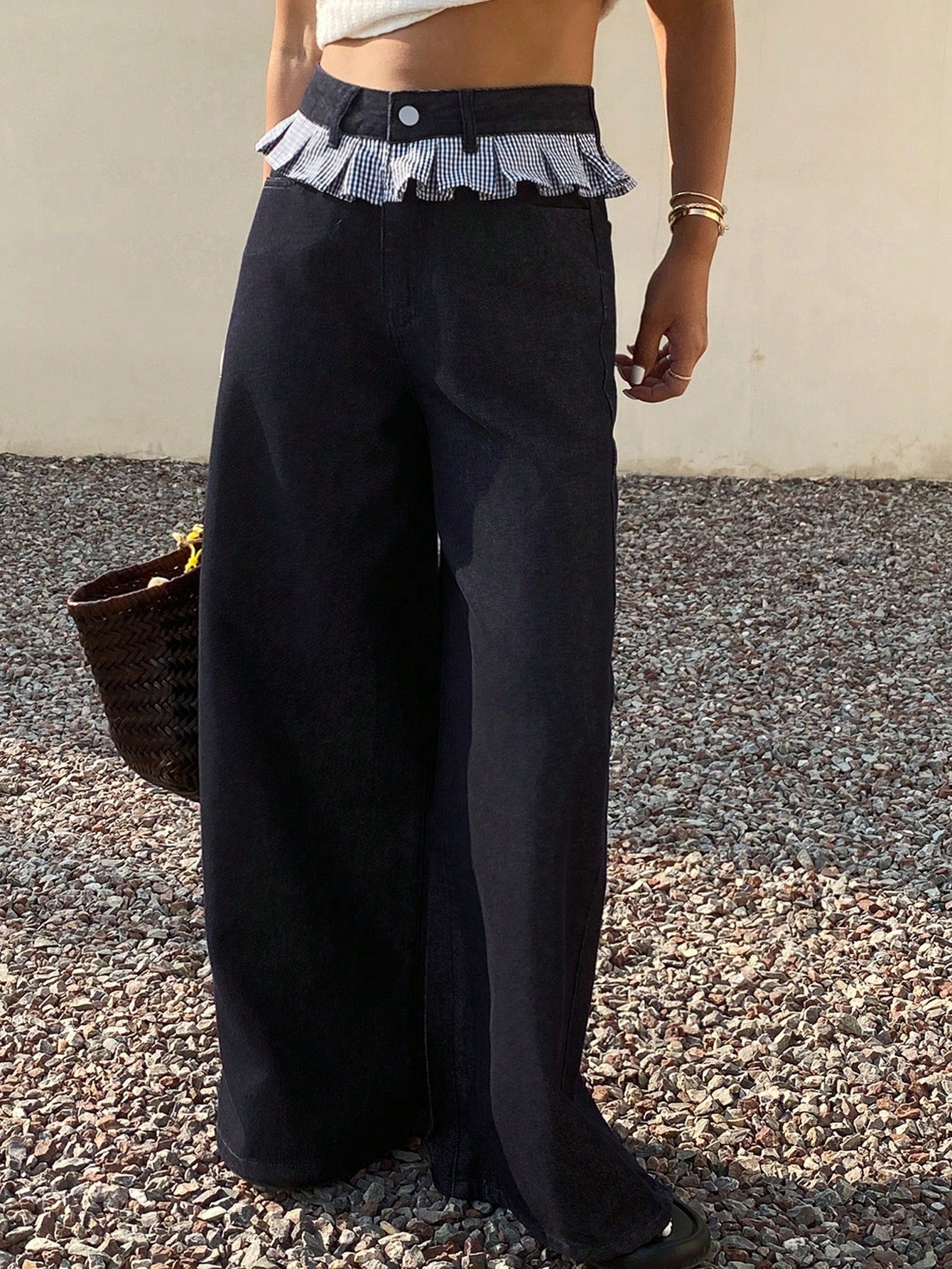 CM-BS692634 Women Casual Seoul Style Patchwork Plaid Fringe Wide Leg Pants - Blue