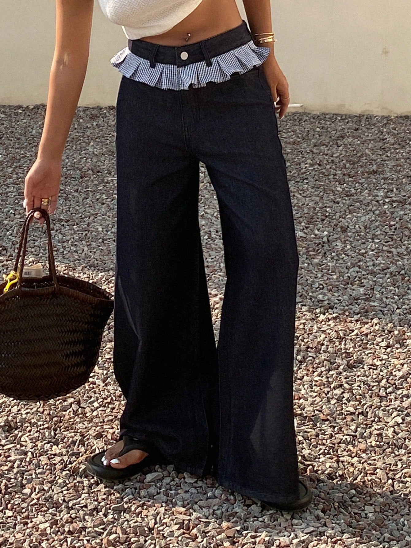 CM-BS692634 Women Casual Seoul Style Patchwork Plaid Fringe Wide Leg Pants - Blue