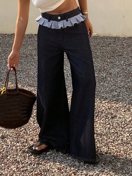 CM-BS692634 Women Casual Seoul Style Patchwork Plaid Fringe Wide Leg Pants - Blue