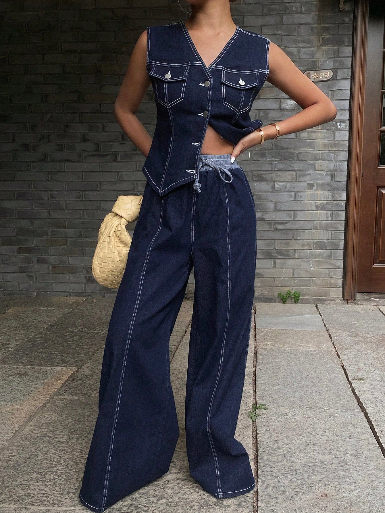 CM-SS194595 Women Casual Seoul Style Button Decor Sleeveless Vest With Elastic Waist Jeans - Set