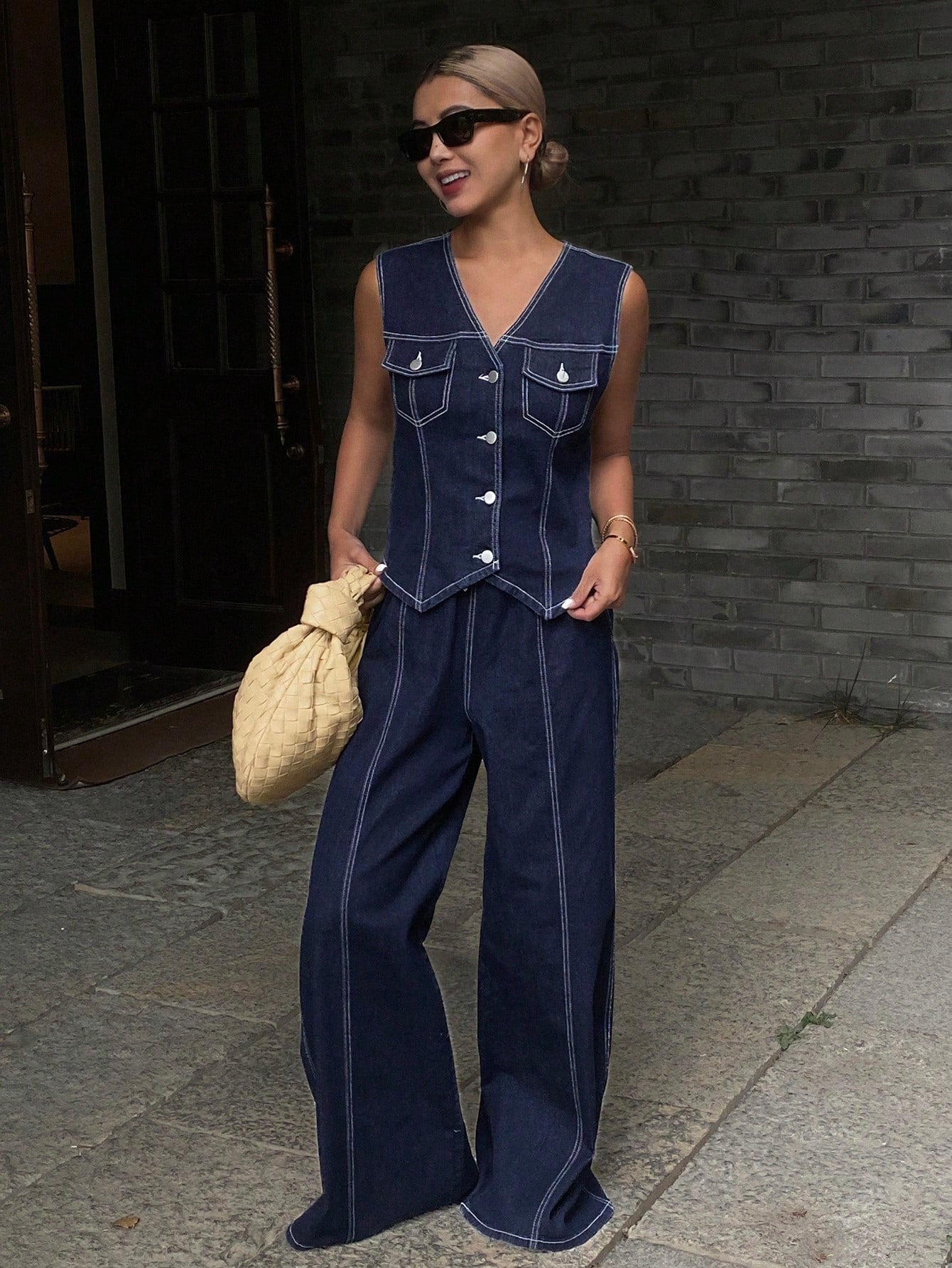CM-SS194595 Women Casual Seoul Style Button Decor Sleeveless Vest With Elastic Waist Jeans - Set