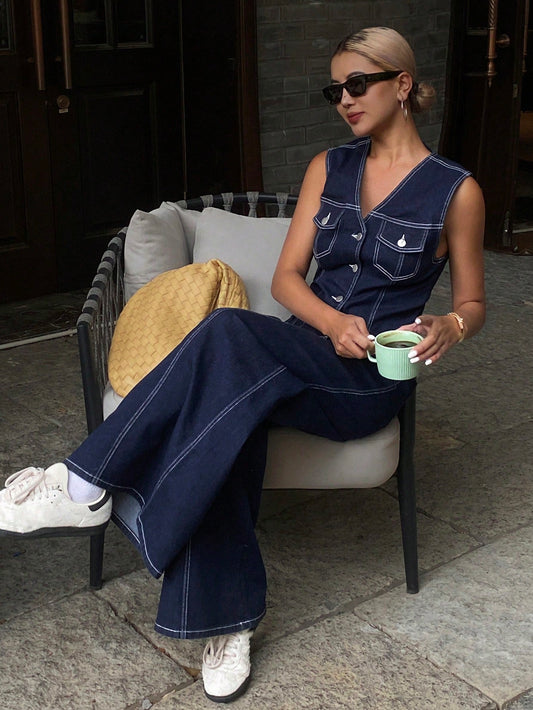 CM-SS194595 Women Casual Seoul Style Button Decor Sleeveless Vest With Elastic Waist Jeans - Set
