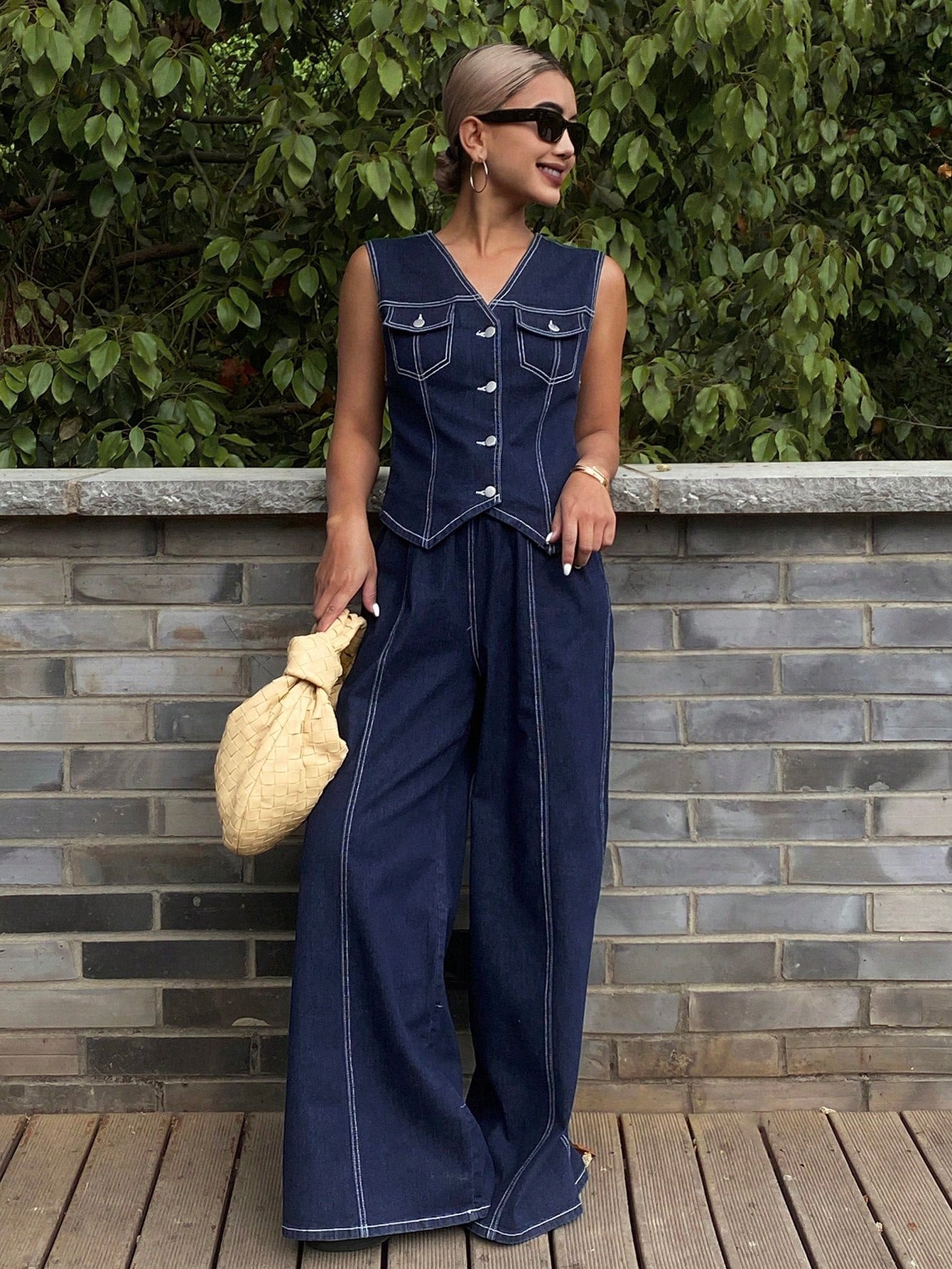CM-SS194595 Women Casual Seoul Style Button Decor Sleeveless Vest With Elastic Waist Jeans - Set