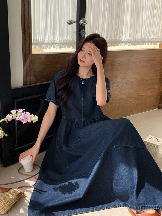 CM-DS713274 Women Casual Seoul Style Round Neck Short Puff Sleeve Loose Denim Skater Dress