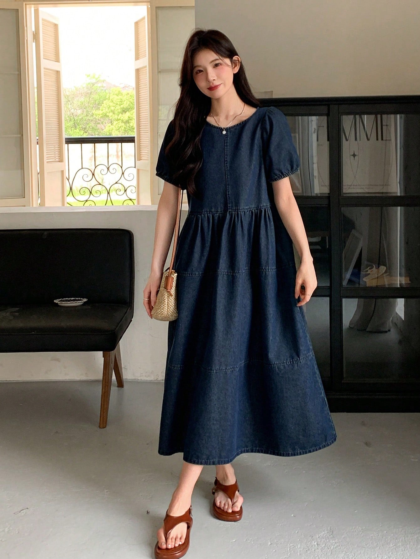 CM-DS713274 Women Casual Seoul Style Round Neck Short Puff Sleeve Loose Denim Skater Dress