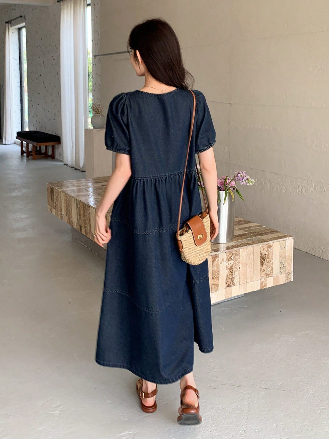 CM-DS713274 Women Casual Seoul Style Round Neck Short Puff Sleeve Loose Denim Skater Dress