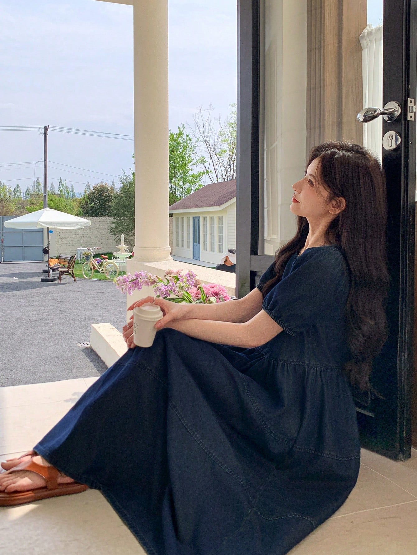 CM-DS713274 Women Casual Seoul Style Round Neck Short Puff Sleeve Loose Denim Skater Dress
